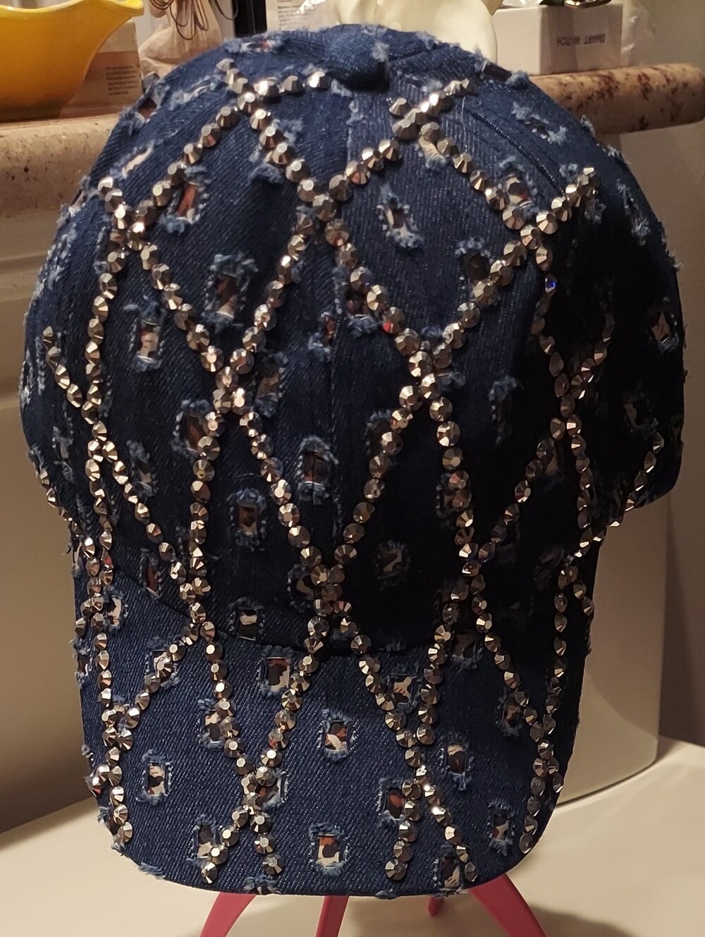 Embellished Distressed Denim Baseball Cap - Navy with Silver Rhinestones